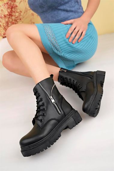 Black Women's PU Leather Boots Winter Thick Soled Zippered Lace-Up Medium Heel 5 Cm Heel Daily - photo 1