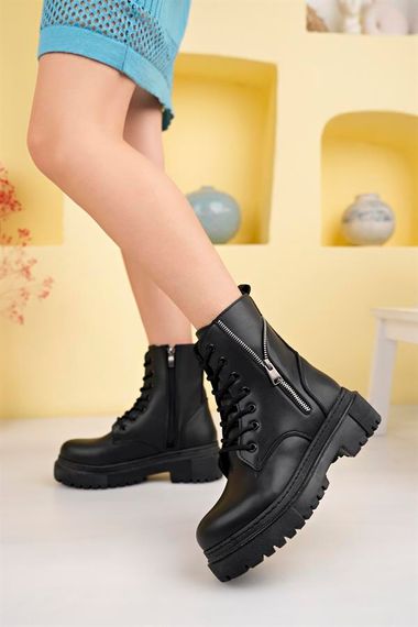 Black Women's PU Leather Boots Winter Thick Soled Zippered Lace-Up Medium Heel 5 Cm Heel Daily - photo 2