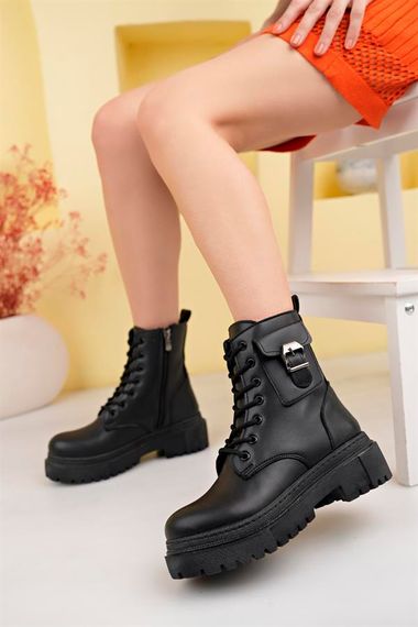 Black Women's PU Leather Boots with Wallet Winter Thick Sole Zipper Lace-up Medium Size 5 Cm Heel Daily A Black Skin - photo 2