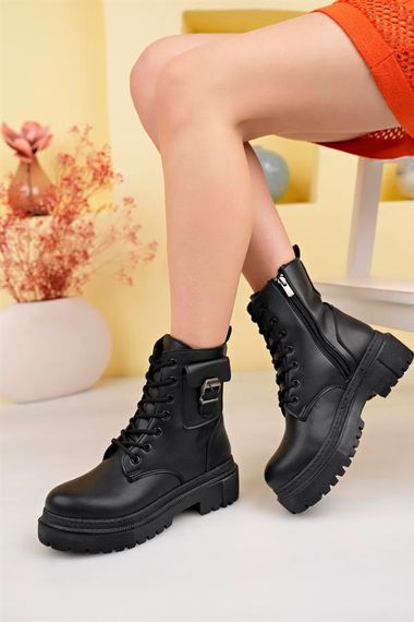 Black Women's PU Leather Boots with Wallet Winter Thick Sole Zipper Lace-up Medium Size 5 Cm Heel Daily A Black Skin - photo 3