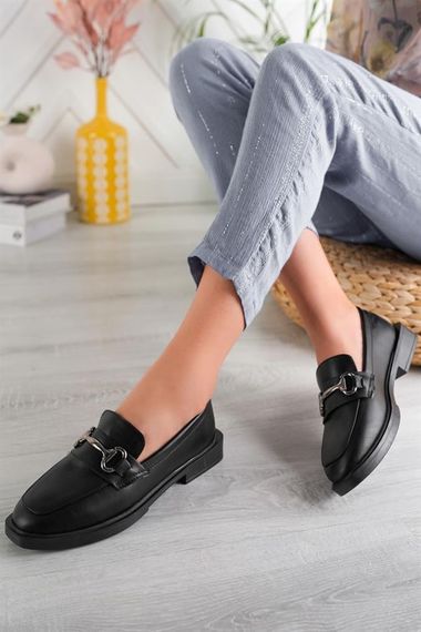 Aymood Women's Black Chain Buckle Thick Sole PU Leather Daily Classic Heeled Loafer Moccasin Shoes - photo 1