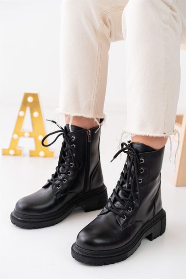 Black Skin Women's Heeled Boots Winter Stylish Below the Knee Lace Up Zipper Thick Sole Medium Size Half 4 Cm - photo 4