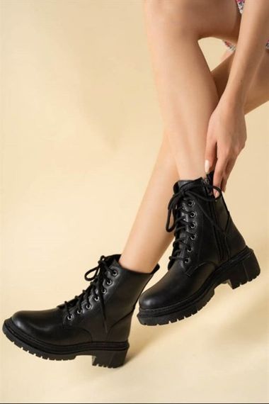 Black Skin Women's Heeled Boots Winter Stylish Below the Knee Lace Up Zipper Thick Sole Medium Size Half 4 Cm - photo 2