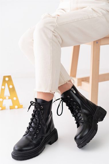 Black Skin Women's Heeled Boots Winter Stylish Below the Knee Lace Up Zipper Thick Sole Medium Size Half 4 Cm - photo 5