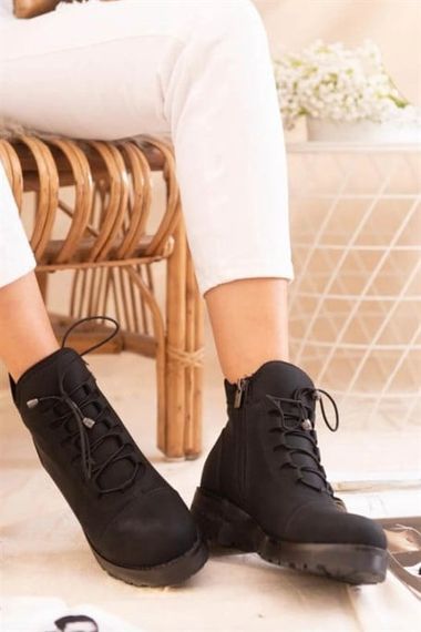 Black Nubuck Women's PU Leather Boots Winter Lace Up Zipper Bellows Thick Sole 4cm Heel Short Daily - photo 2