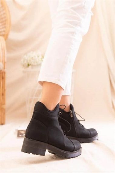 Black Nubuck Women's PU Leather Boots Winter Lace Up Zipper Bellows Thick Sole 4cm Heel Short Daily - photo 5