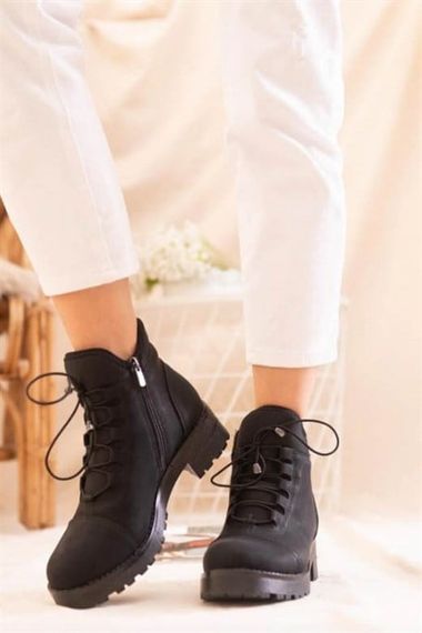 Black Nubuck Women's PU Leather Boots Winter Lace Up Zipper Bellows Thick Sole 4cm Heel Short Daily - photo 4