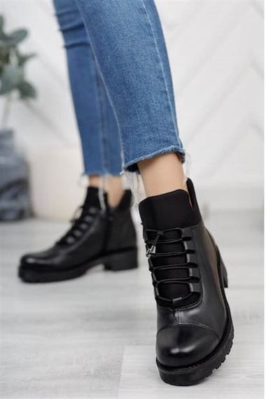 Black Skin Women's PU Leather Boots Winter Lace Up Zipper Bellows Thick Sole 4cm Heel Short Daily - photo 2