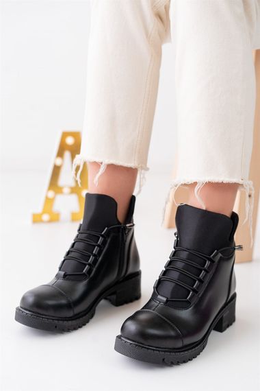 Black Skin Women's PU Leather Boots Winter Lace Up Zipper Bellows Thick Sole 4cm Heel Short Daily - photo 4