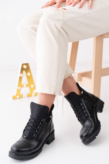 Black Skin Women's PU Leather Boots Winter Lace Up Zipper Bellows Thick Sole 4cm Heel Short Daily - photo 5