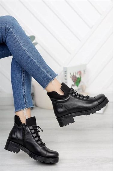 Black Skin Women's PU Leather Boots Winter Lace Up Zipper Bellows Thick Sole 4cm Heel Short Daily - photo 1