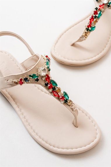 152-1110 Bej Multi Taşlı Parmak Arası Kadın Sandalet - fotoğraf 5