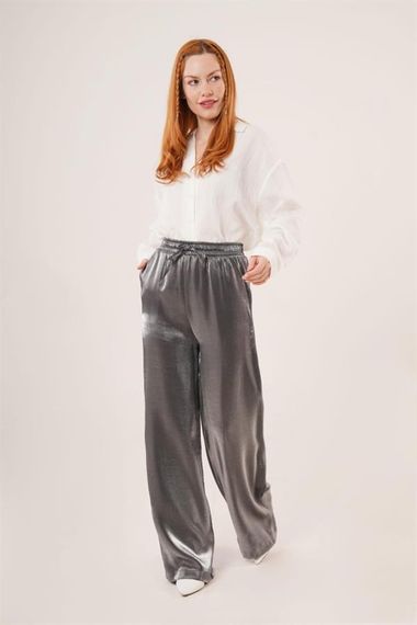 Parlak Görünümlü Cepli Antrasit Bol Paça Pantolon - photo 3