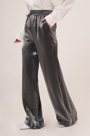 Parlak Görünümlü Cepli Antrasit Bol Paça Pantolon - photo 4