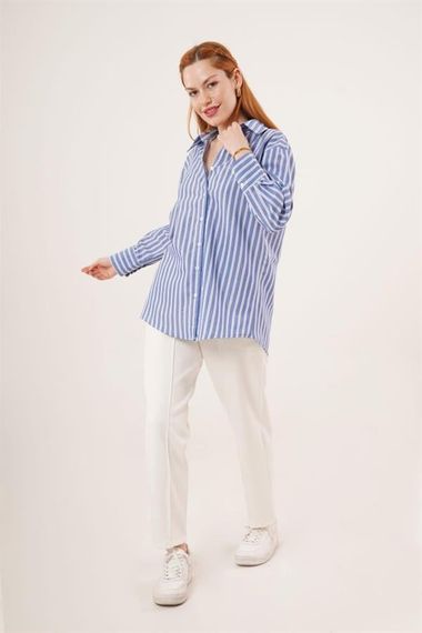 Çift Çizgi Geçişli Düğmeli Mavi Gömlek - фото 4