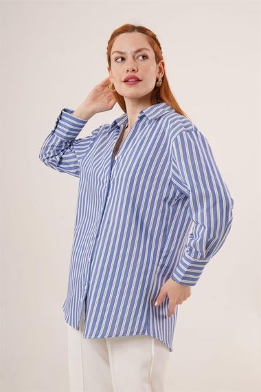 Çift Çizgi Geçişli Düğmeli Mavi Gömlek - фото 1