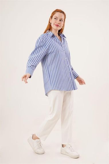 Çift Çizgi Geçişli Düğmeli Mavi Gömlek - фото 2