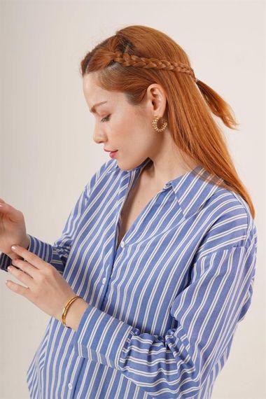 Çift Çizgi Geçişli Düğmeli Mavi Gömlek - фото 3