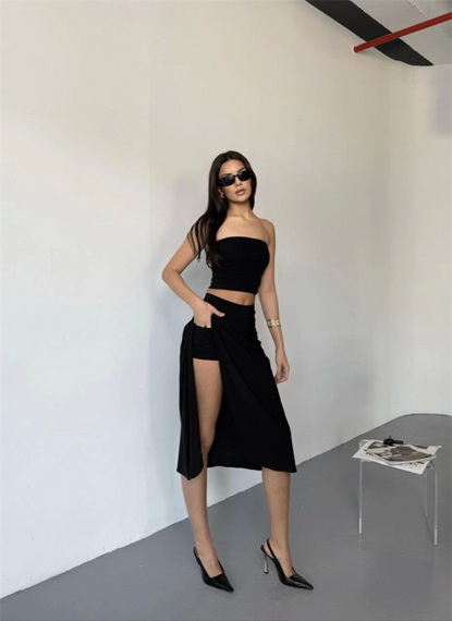 Çepli Şortlu Yırtmaçlı Etek - Siyah - фото 1