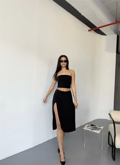 Çepli Şortlu Yırtmaçlı Etek - Siyah - фото 2