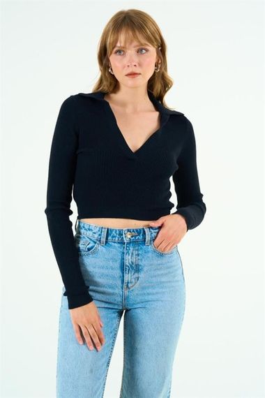 Patlı Polo Yaka Kazak - Siyah - фото 1