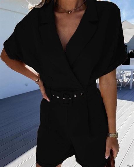 Kadın Ceket Yaka Pileli Kemer Dahil Şort Tulum