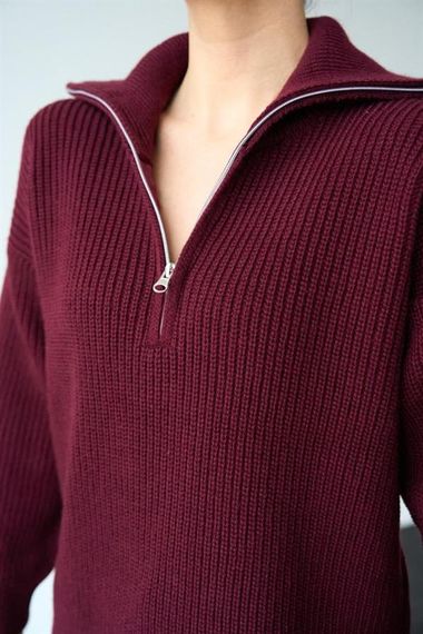 Polo Yaka Fermuarlı Kazak - Bordo - صورة 4