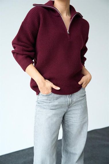 Polo Yaka Fermuarlı Kazak - Bordo - صورة 5