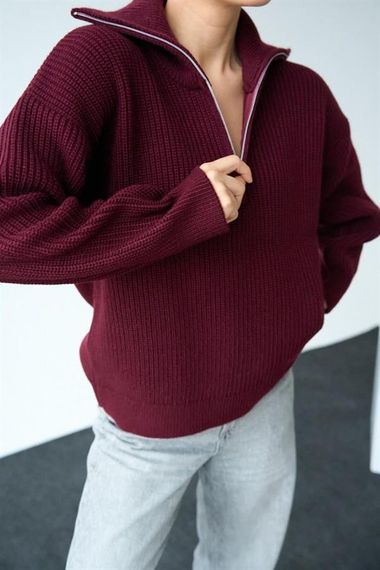 Polo Yaka Fermuarlı Kazak - Bordo - صورة 3