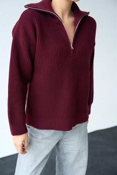 Polo Yaka Fermuarlı Kazak - Bordo - صورة 1