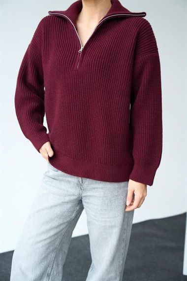 Polo Yaka Fermuarlı Kazak - Bordo - صورة 2