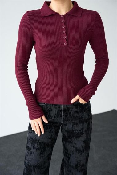 Polo Yaka 6 Düğmeli Kazak - Bordo - photo 1