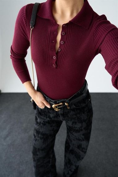 Polo Yaka 6 Düğmeli Kazak - Bordo - photo 5