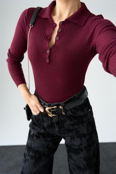 Polo Yaka 6 Düğmeli Kazak - Bordo - photo 4