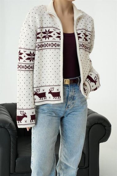 Fermuarlı Yılbaşı Hırkası - Krem-Bordo - photo 3