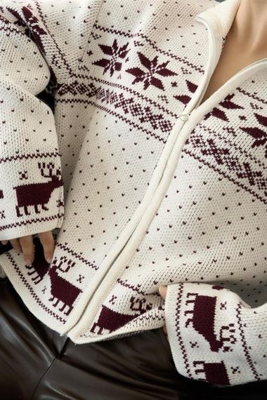 Fermuarlı Yılbaşı Hırkası - Krem-Bordo - photo 4