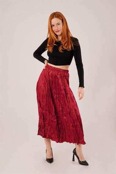Midi Boy Pileli Saten Bordo Etek - photo 3