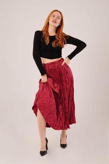 Midi Boy Pileli Saten Bordo Etek - photo 1