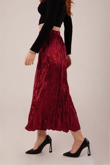 Midi Boy Pileli Saten Bordo Etek - photo 4