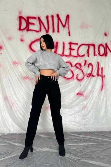 Siyah Boru Paça Jeans Pantolon - фото 1