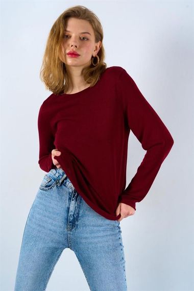 Düz Açık Yaka Kazak - Bordo - photo 2