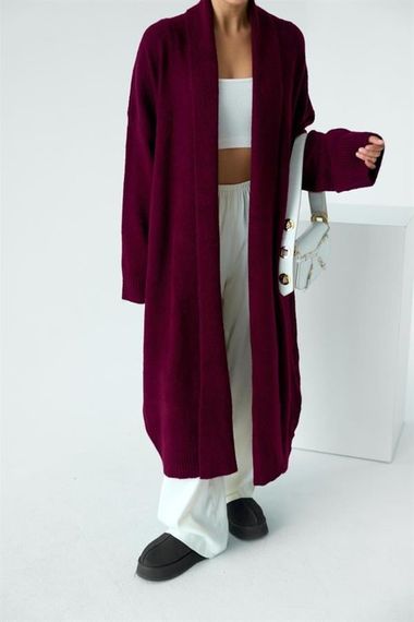 Önü Açık Şal Yaka Hırka - Bordo - fotoğraf 1