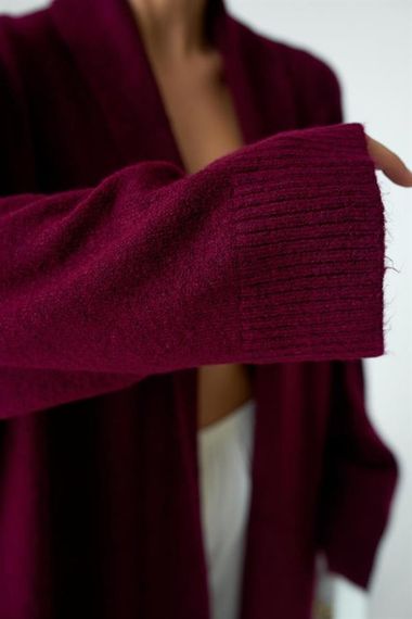 Önü Açık Şal Yaka Hırka - Bordo - fotoğraf 3
