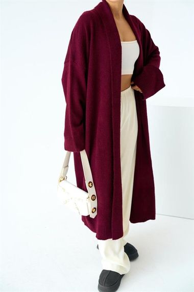 Önü Açık Şal Yaka Hırka - Bordo - fotoğraf 2