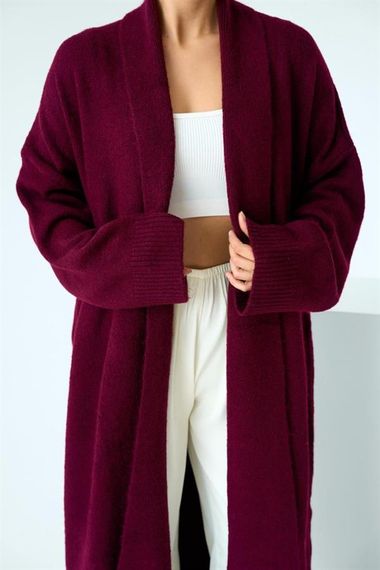 Önü Açık Şal Yaka Hırka - Bordo - fotoğraf 5