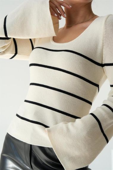 İspanyol Kol Çizgili Kazak - Açık Krem-Siyah - صورة 4