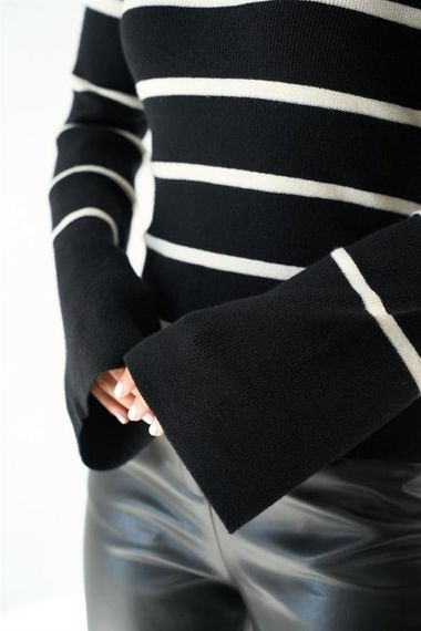 İspanyol Kol Çizgili Kazak - Siyah-Açık Krem - фото 4
