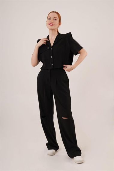 Cepli Düğmeli Bluz Ve Diz Detaylı Pantolon Siyah İkili Takım - фото 1