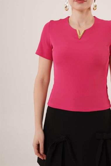 Kısa Kollu Yaka Detaylı Kaşkorse Fuşya Bluz - фото 3