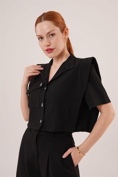 Cepli Düğmeli Bluz Ve Diz Detaylı Pantolon Siyah İkili Takım - фото 2